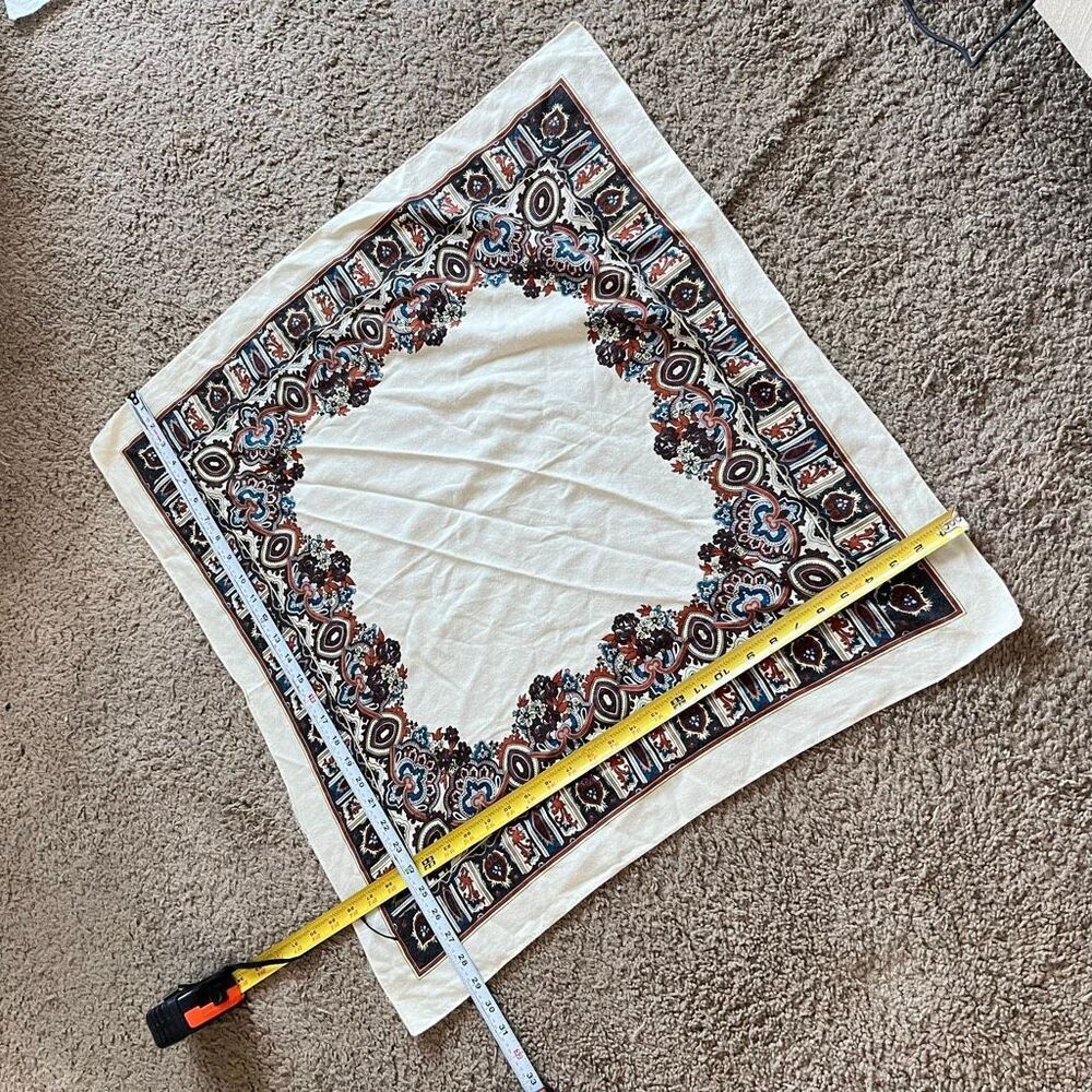 VTG Boho Paisley Border Scarf Cream Brown Blue Ultra Soft 28” - Picture 2 of 8